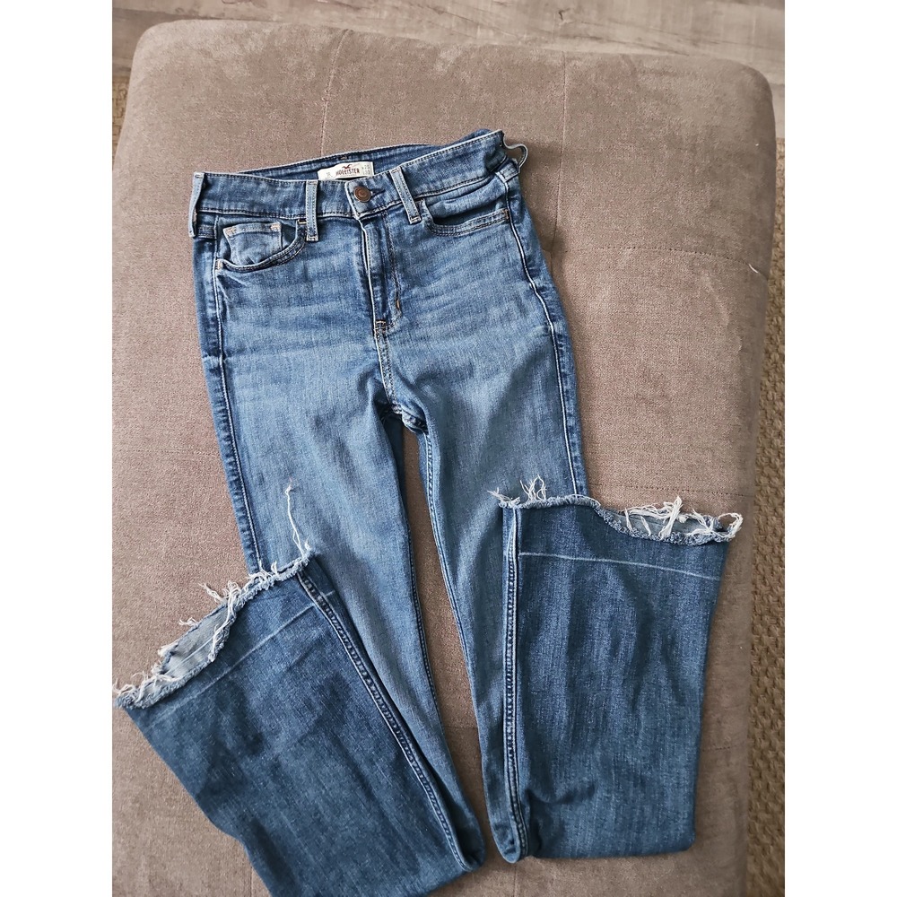 Hollister Medium Wash Flare Jeans 1R Raw Hem Distressed Y2K Style